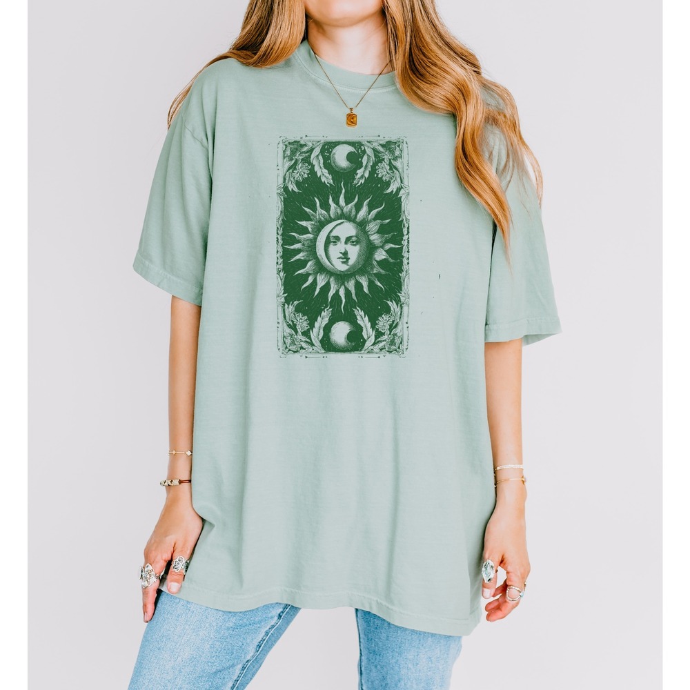 Celestial Moon Face Graphic Tee Mystical Engraving Art